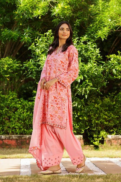 Powder Pink Blossom Cotton Handblock Embroidered Kurta Set with Dupatta