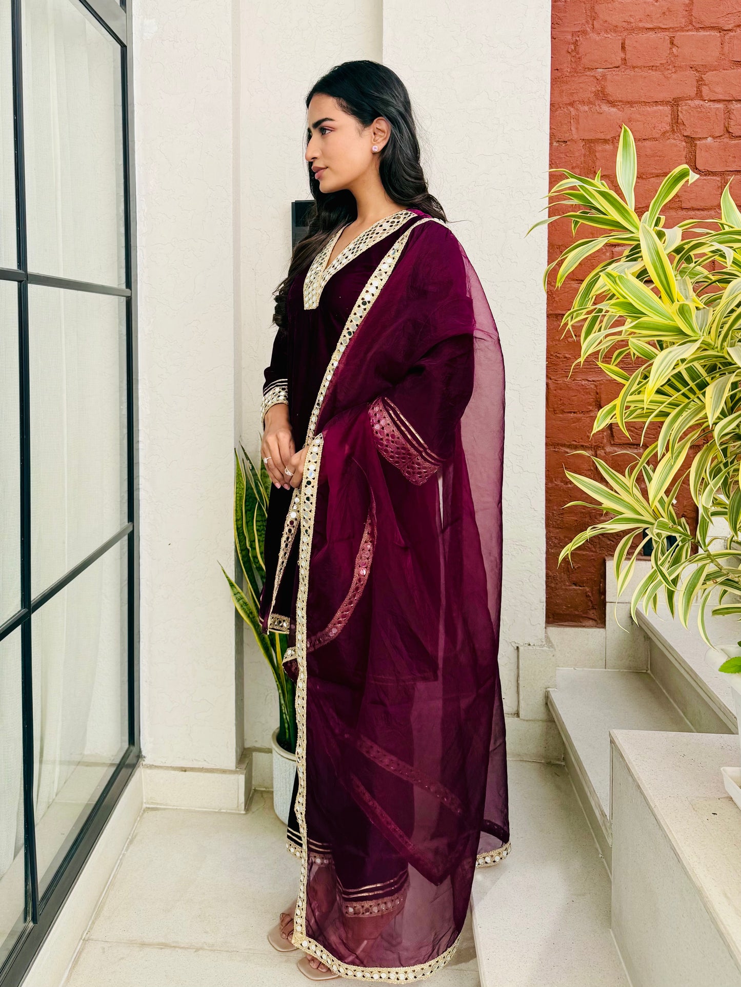 Ruby Wine Velvet Suit Set