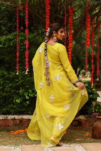 Golden Lime Organza Kurta Set with Intricate Gota Embroidered Dupatta