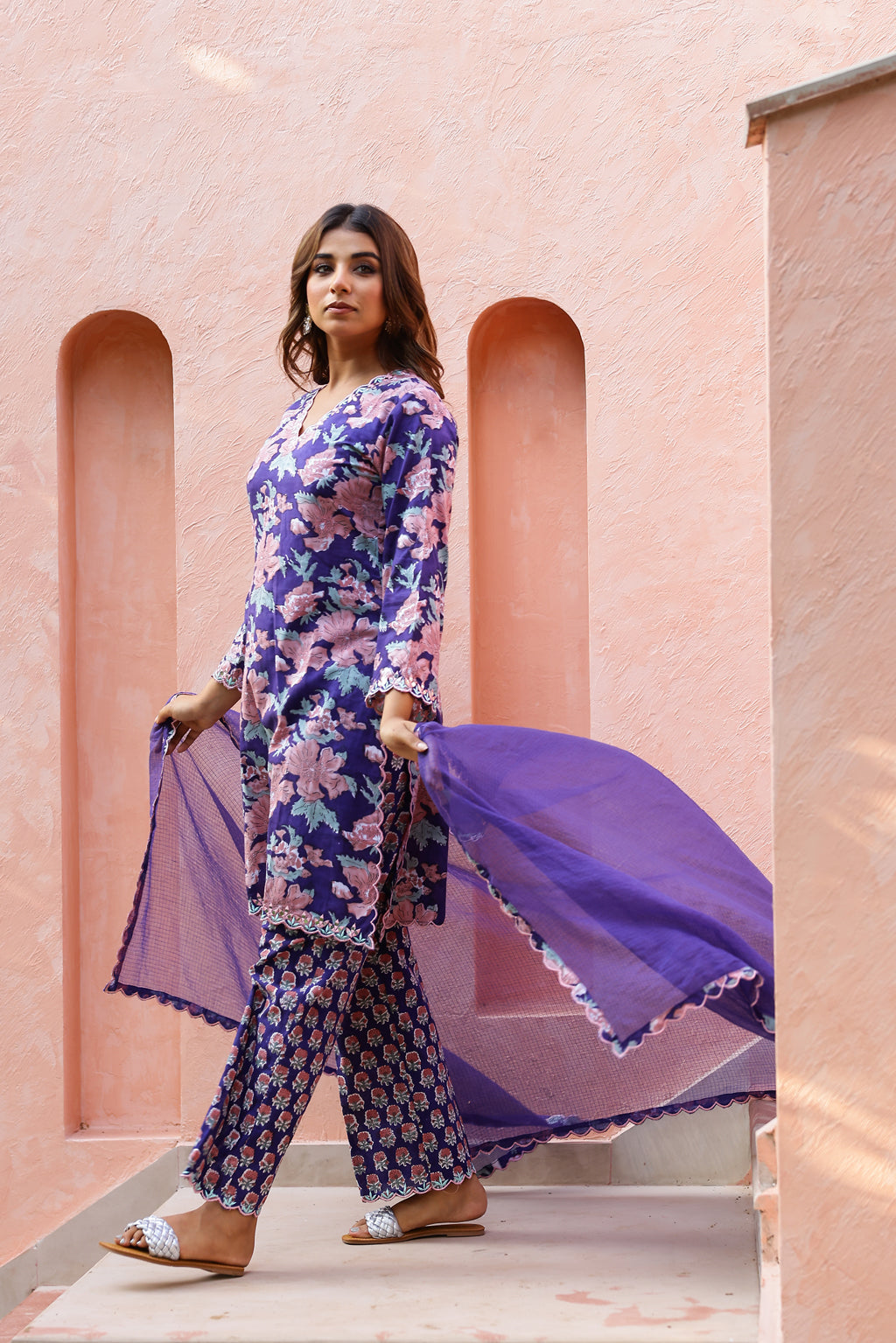 Royal Indigo Cotton Handblock Embroidered Kurta Set with Dupatta