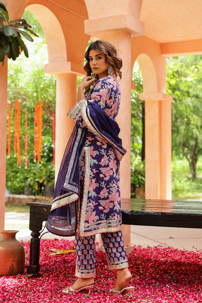 Indigo Radiance Festive Gota Handblock Cotton Suit Set with Dupatta