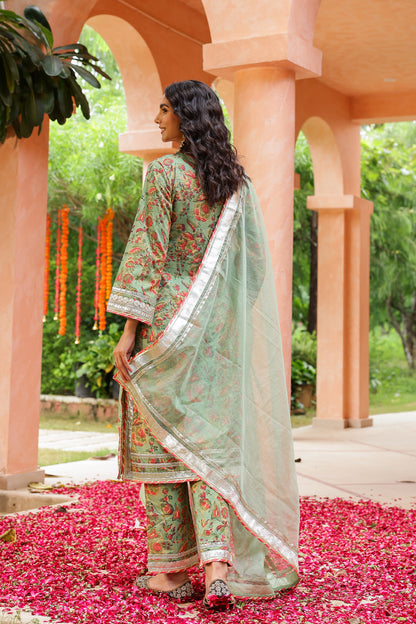 Sage Green Royal Festive Gota Handblock Cotton Suit Set with Dupatta