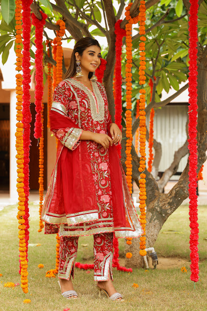 Regal Red Festive Gota Handblock Cotton Suit Set with Dupatta