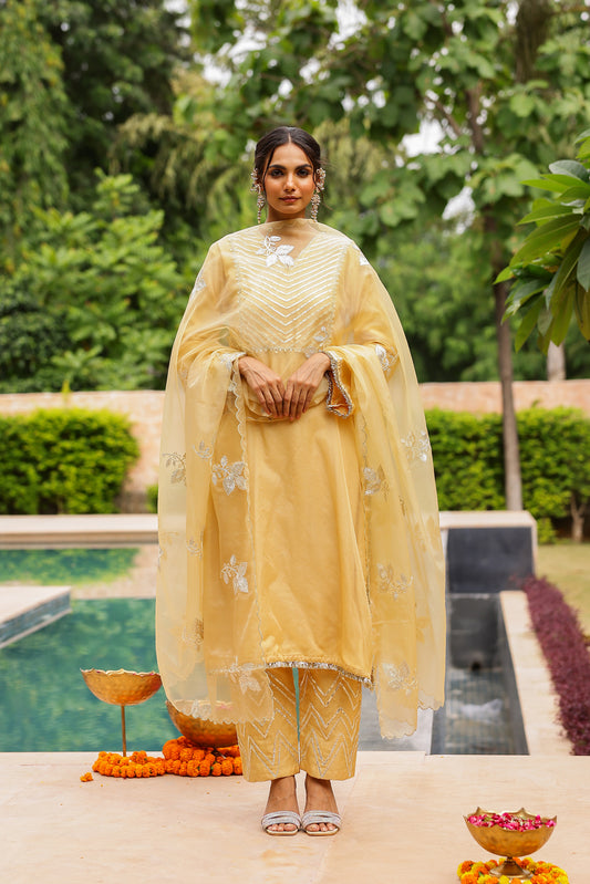 Beige Golden Organza Kurta Set with Intricate Gota Embroidered Dupatta