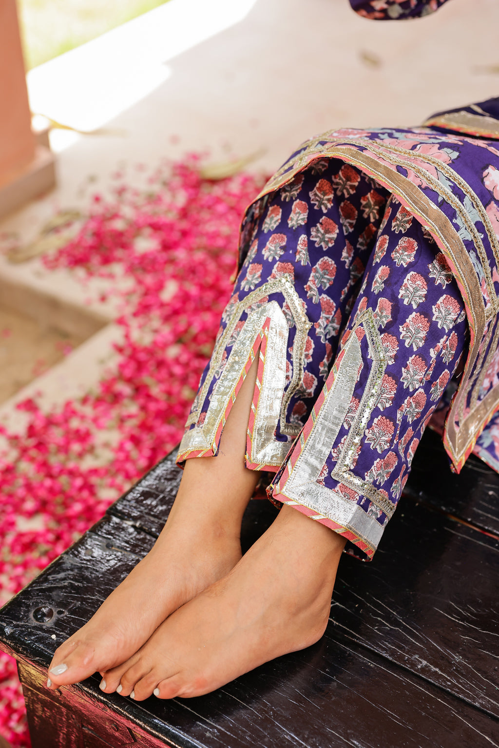 Indigo Radiance Festive Gota Handblock Cotton Suit Set with Dupatta