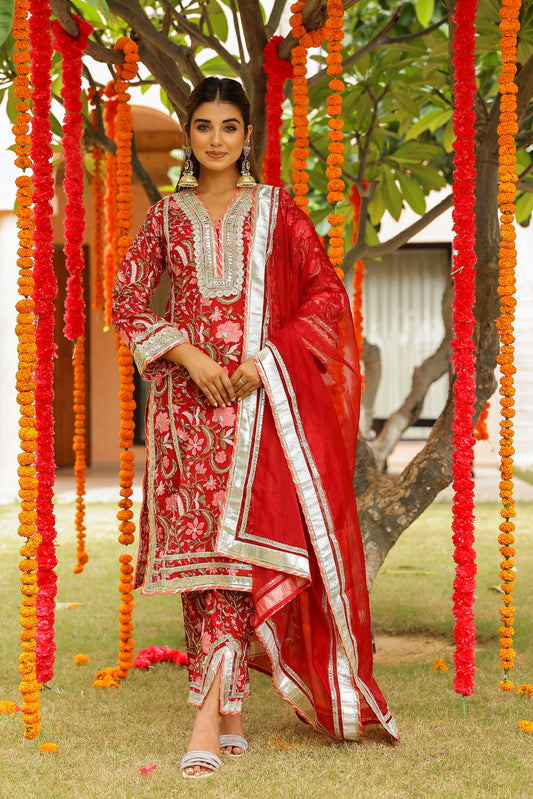Regal Red Festive Gota Handblock Cotton Suit Set with Dupatta