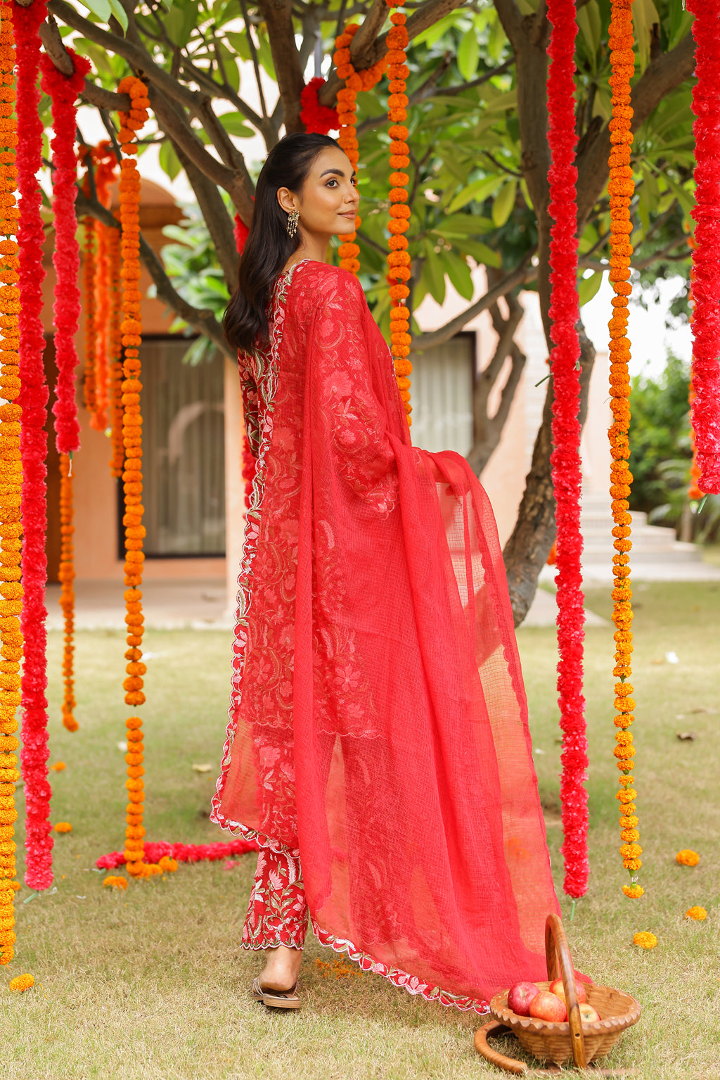 Cherry Red Floral Cotton Handblock Embroidered Kurta Set with Dupatta