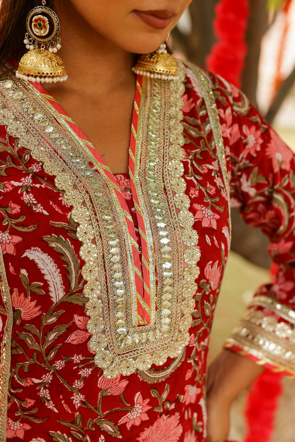 Regal Red Festive Gota Handblock Cotton Suit Set with Dupatta