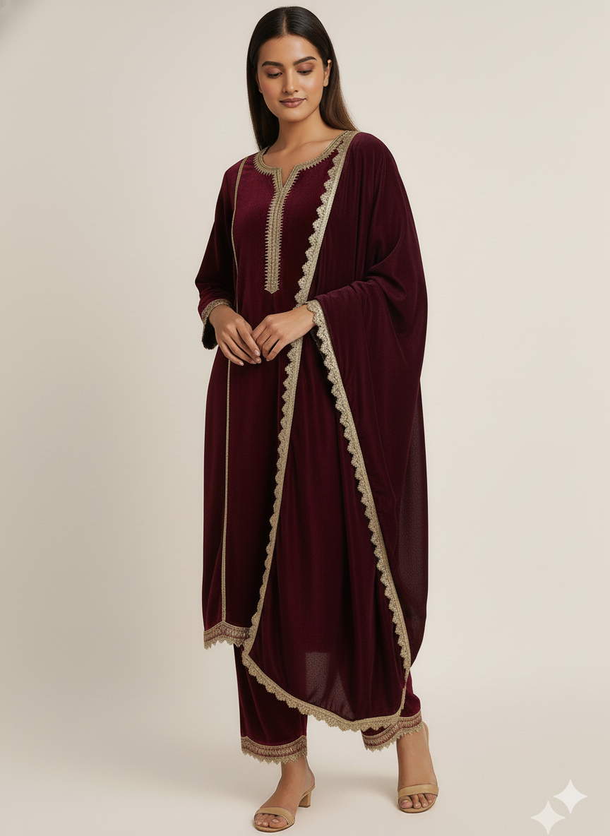 Vintage Wine Velvet Suit Set