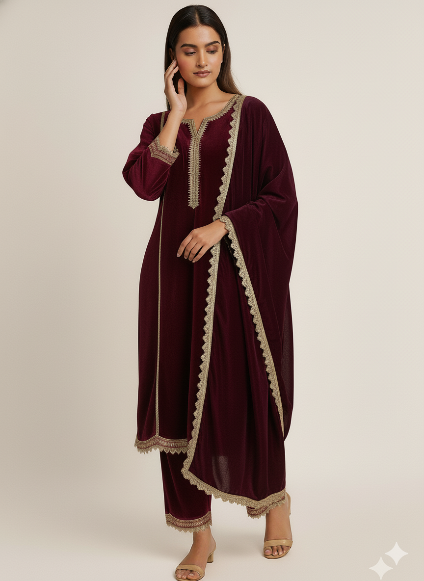 Vintage Wine Velvet Suit Set