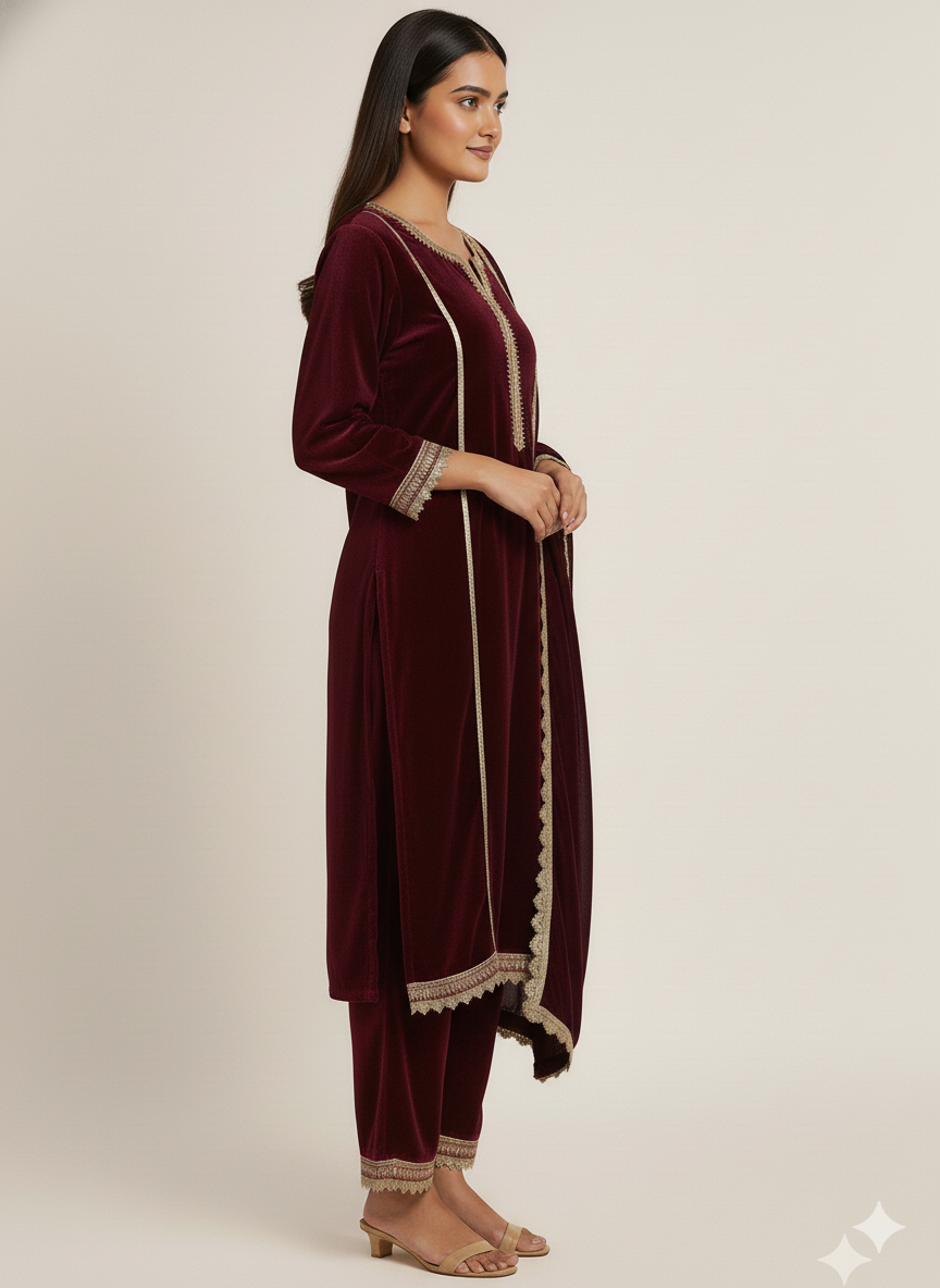 Vintage Wine Velvet Suit Set