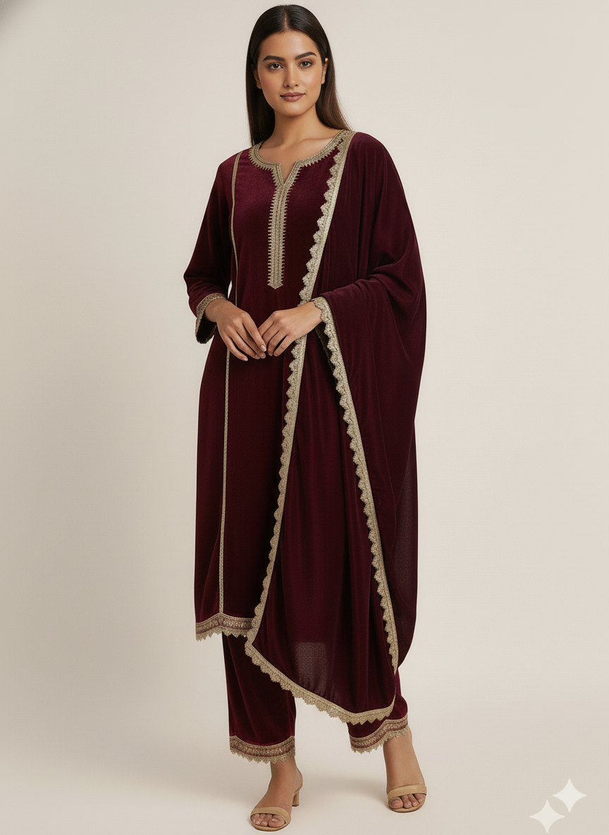 Vintage Wine Velvet Suit Set