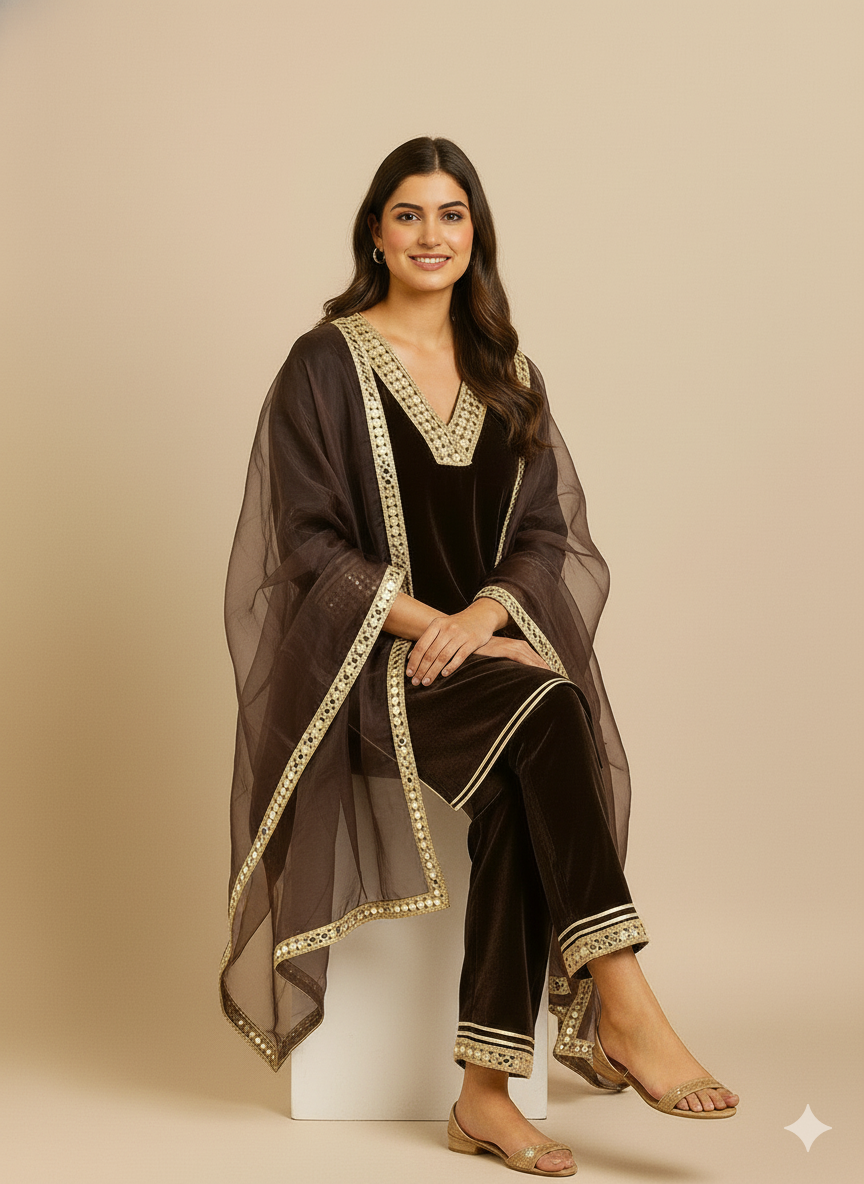 Deep Brown Velvet Suit Set