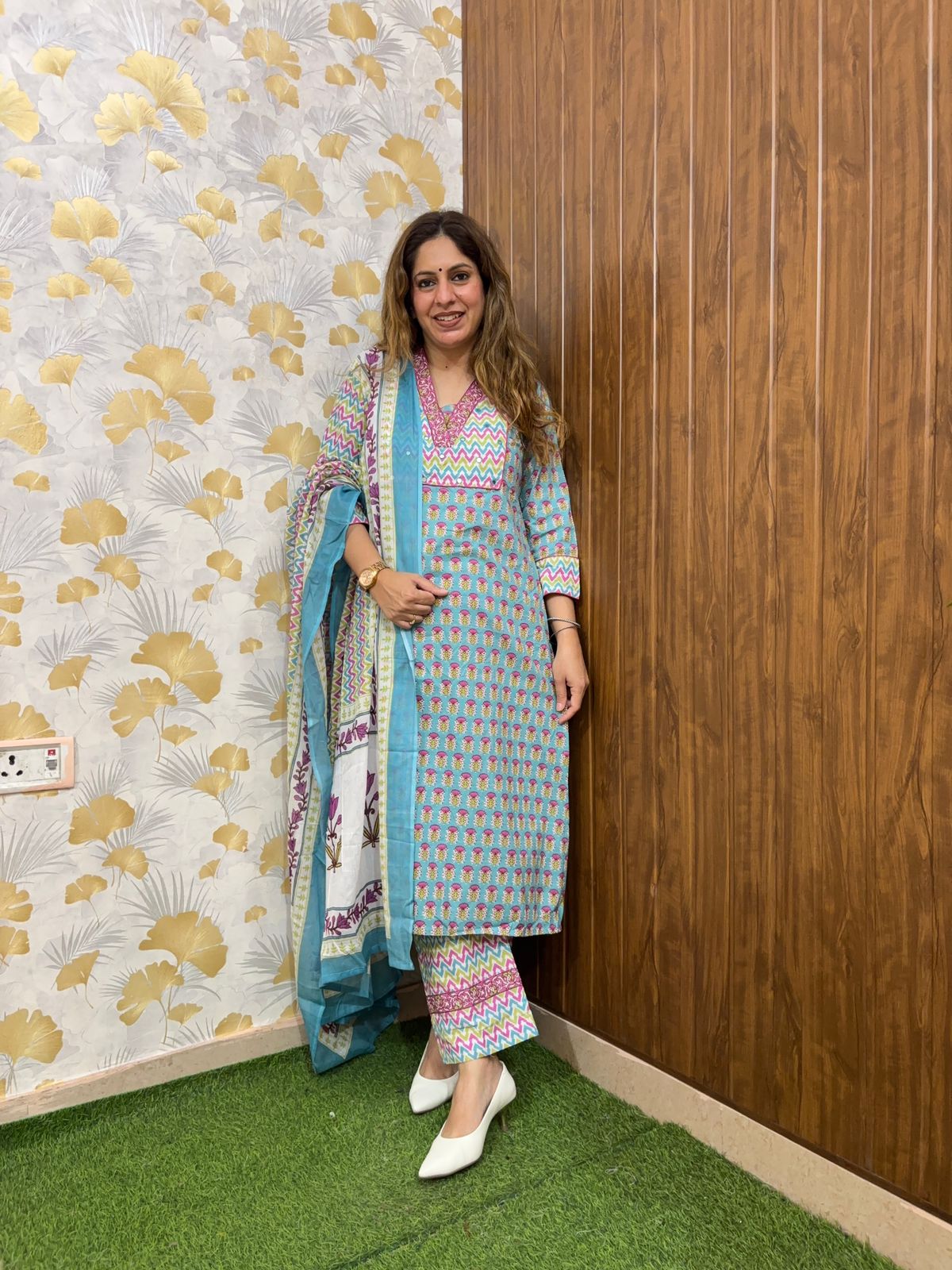 Turquoise Handblock Cotton Suit Set with Mul Cotton Dupatta