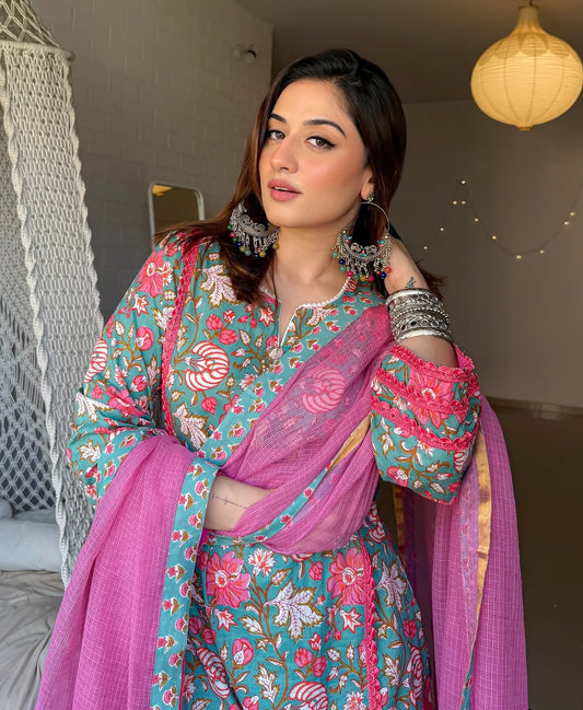 PURE COTTON FLORAL BUTA A-LINE LACE KURTA SET WITH DUPATTA