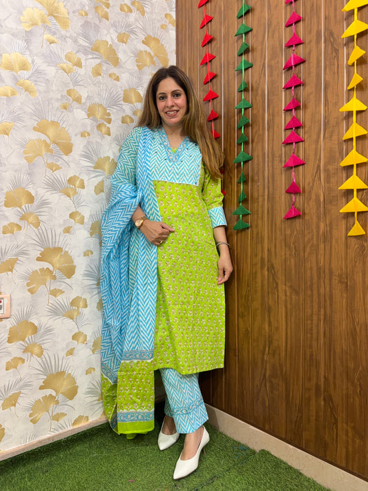 Lime Green Handblock Lehariya Cotton Suit Set with Mul Cotton Dupatta