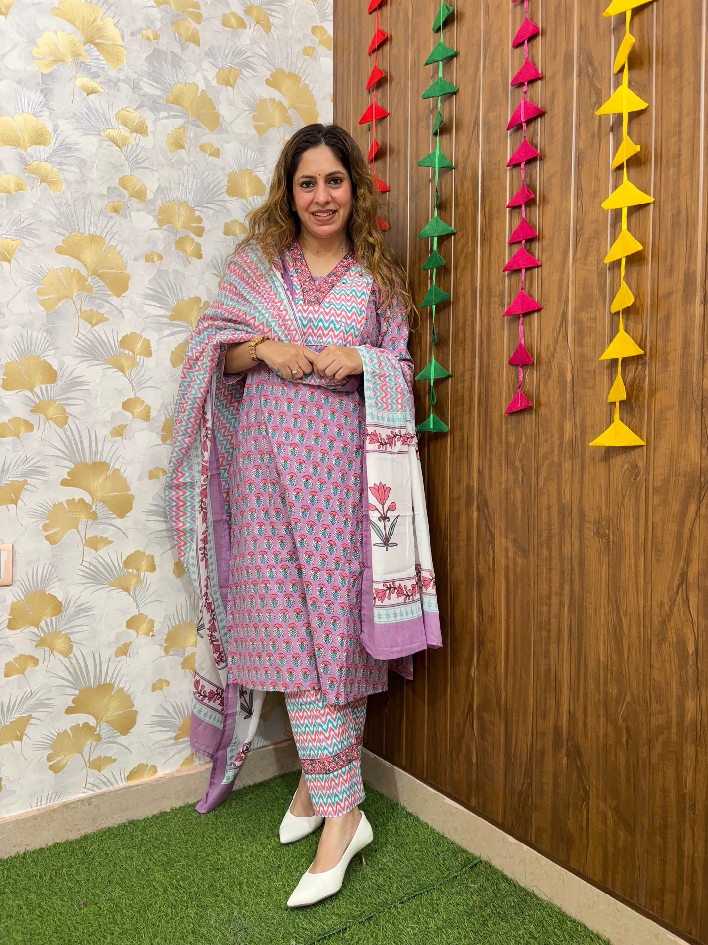 Lavender Handblock Cotton Suit Set with Mul Dupatta
