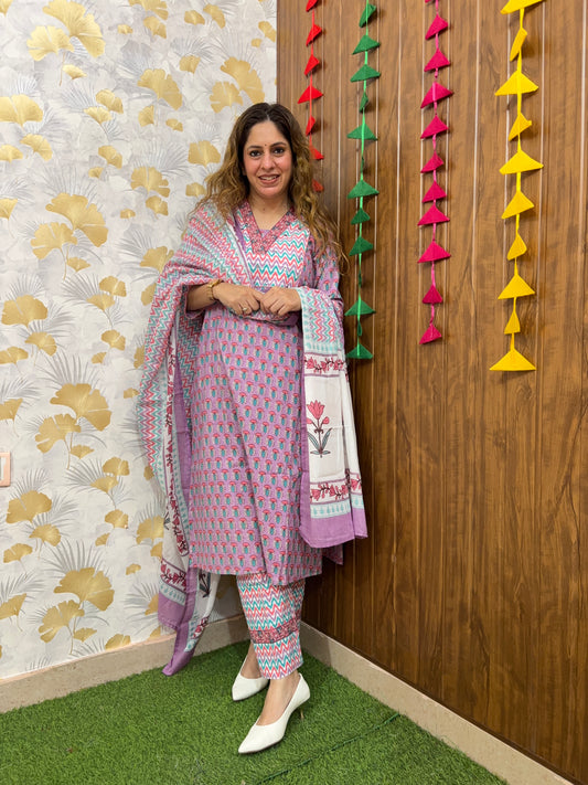 Lavender Handblock Cotton Suit Set with Mul Dupatta