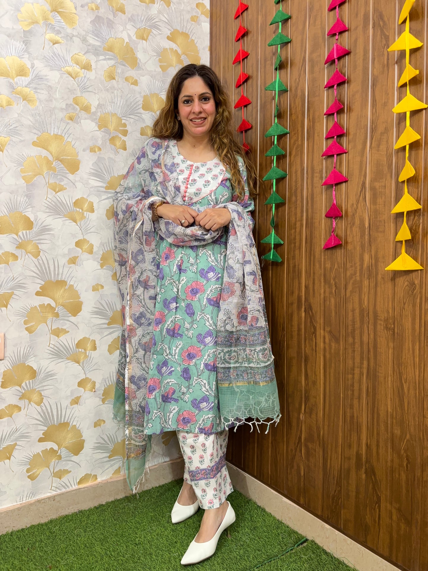Mint Floral Handblock Cotton Suit Set with Kota Doria Dupatta