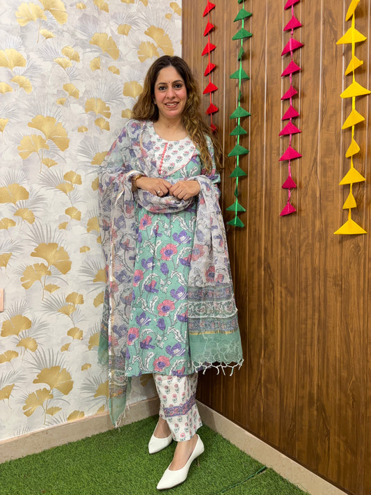 Mint Floral Handblock Cotton Suit Set with Kota Doria Dupatta