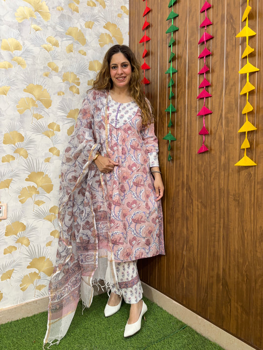 Blush Floral Handblock Cotton Suit Set with Kota Doria Dupatta