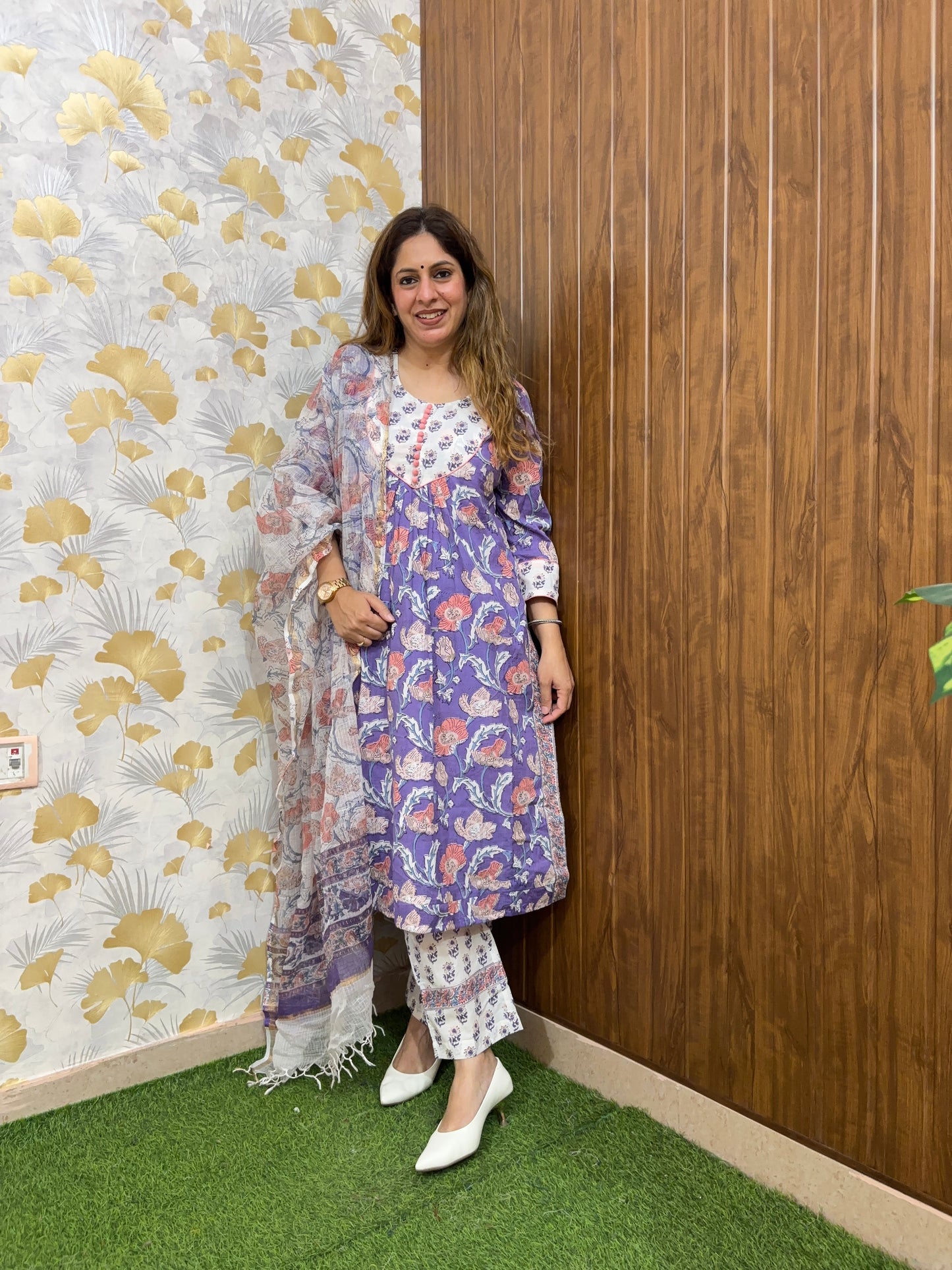 Lavender Floral Handblock Cotton Suit Set with Kota Doria Dupatta