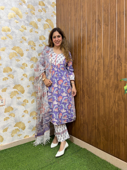 Lavender Floral Handblock Cotton Suit Set with Kota Doria Dupatta