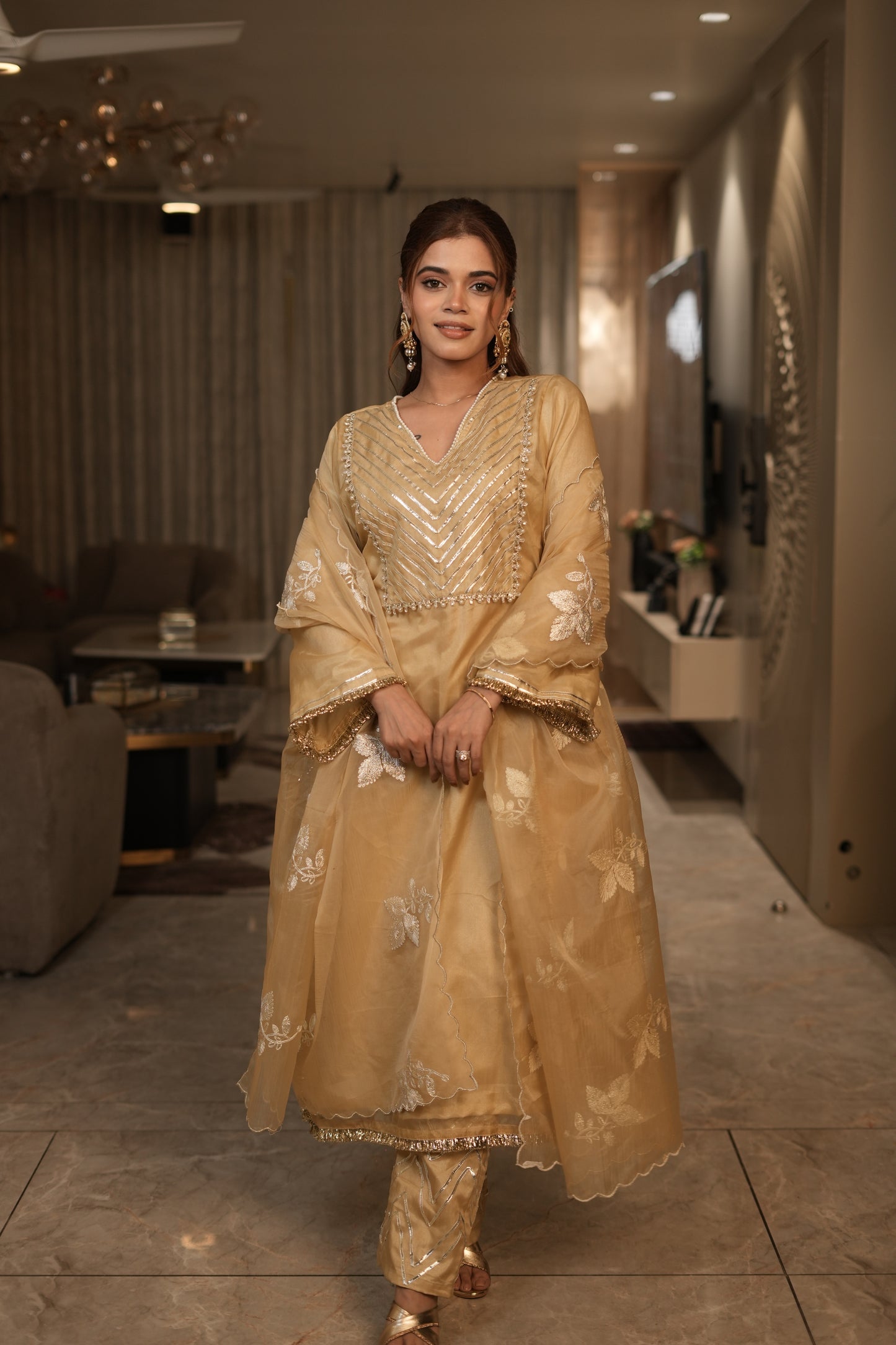 Beige Golden Organza Kurta Set with Intricate Gota Embroidered Dupatta