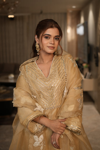 Beige Golden Organza Kurta Set with Intricate Gota Embroidered Dupatta