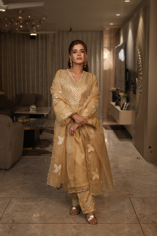 Beige Golden Organza Kurta Set with Intricate Gota Embroidered Dupatta