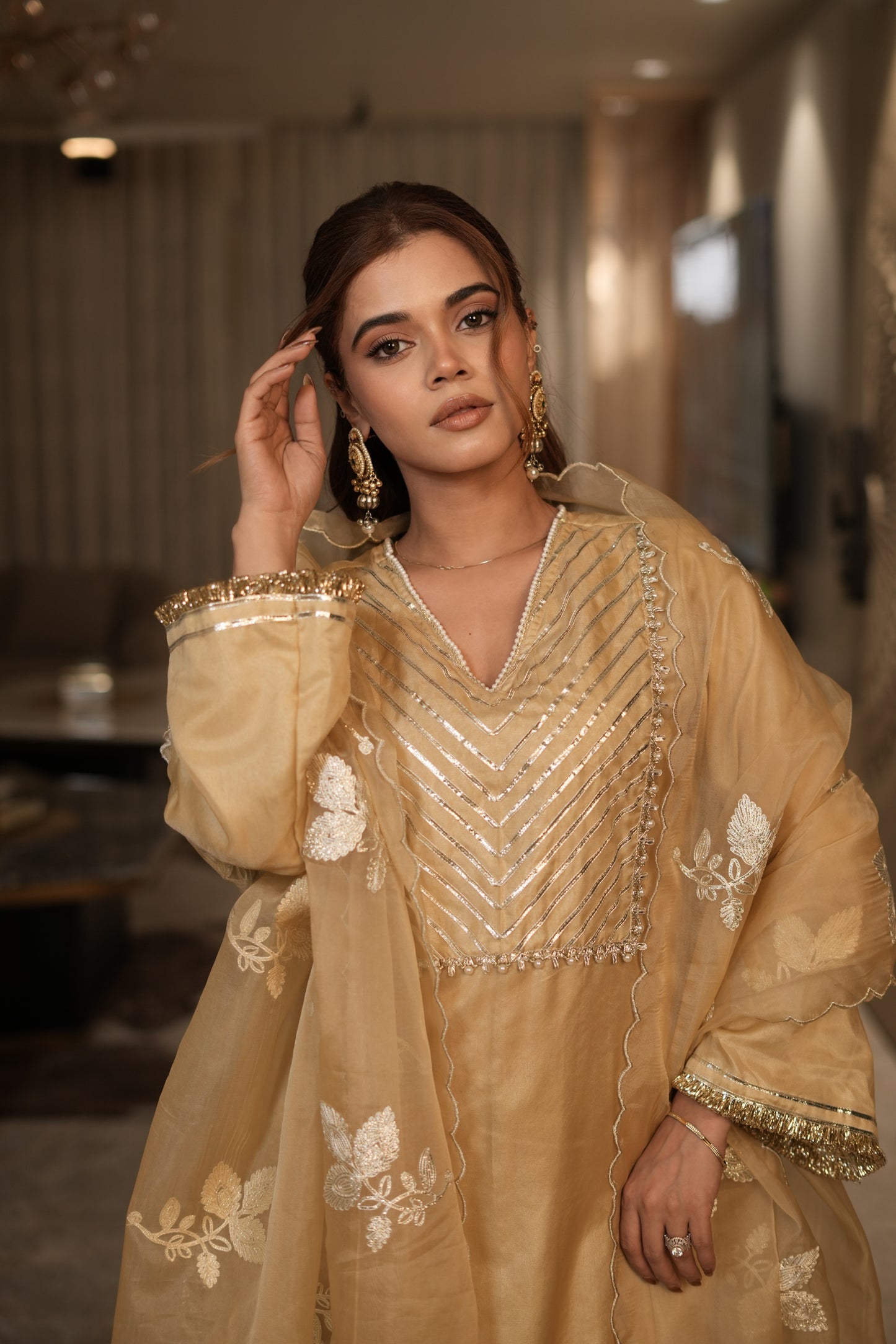 Beige Golden Organza Kurta Set with Intricate Gota Embroidered Dupatta