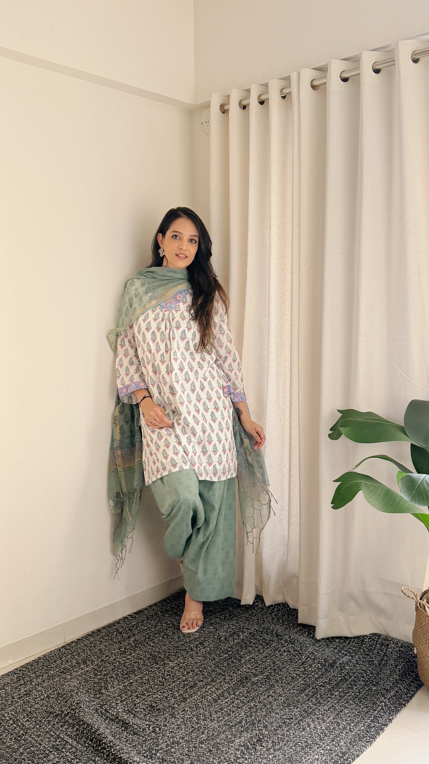 Sage Green Floral Cotton Suit Set with Farshi Salwar