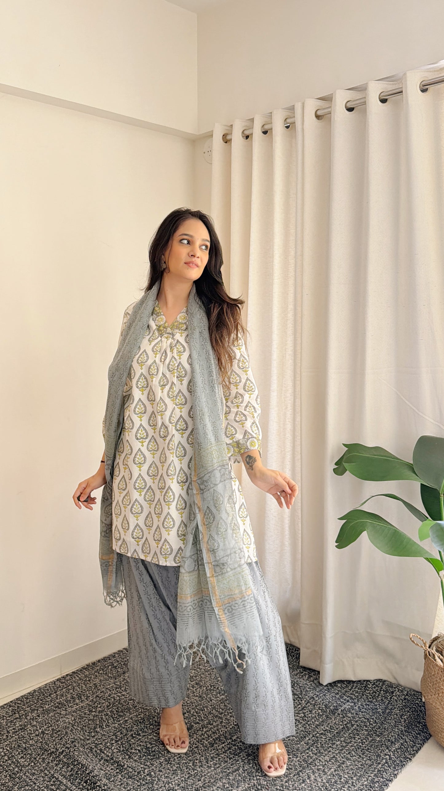 Grey Floral Cotton Suit Set with Farshi Salwar