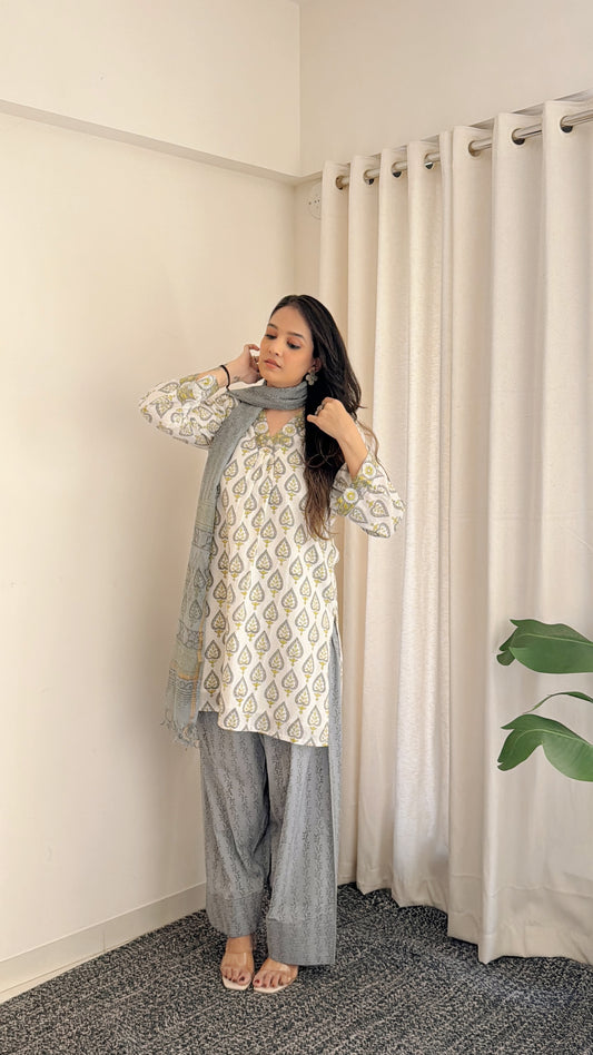 Grey Floral Cotton Suit Set with Farshi Salwar