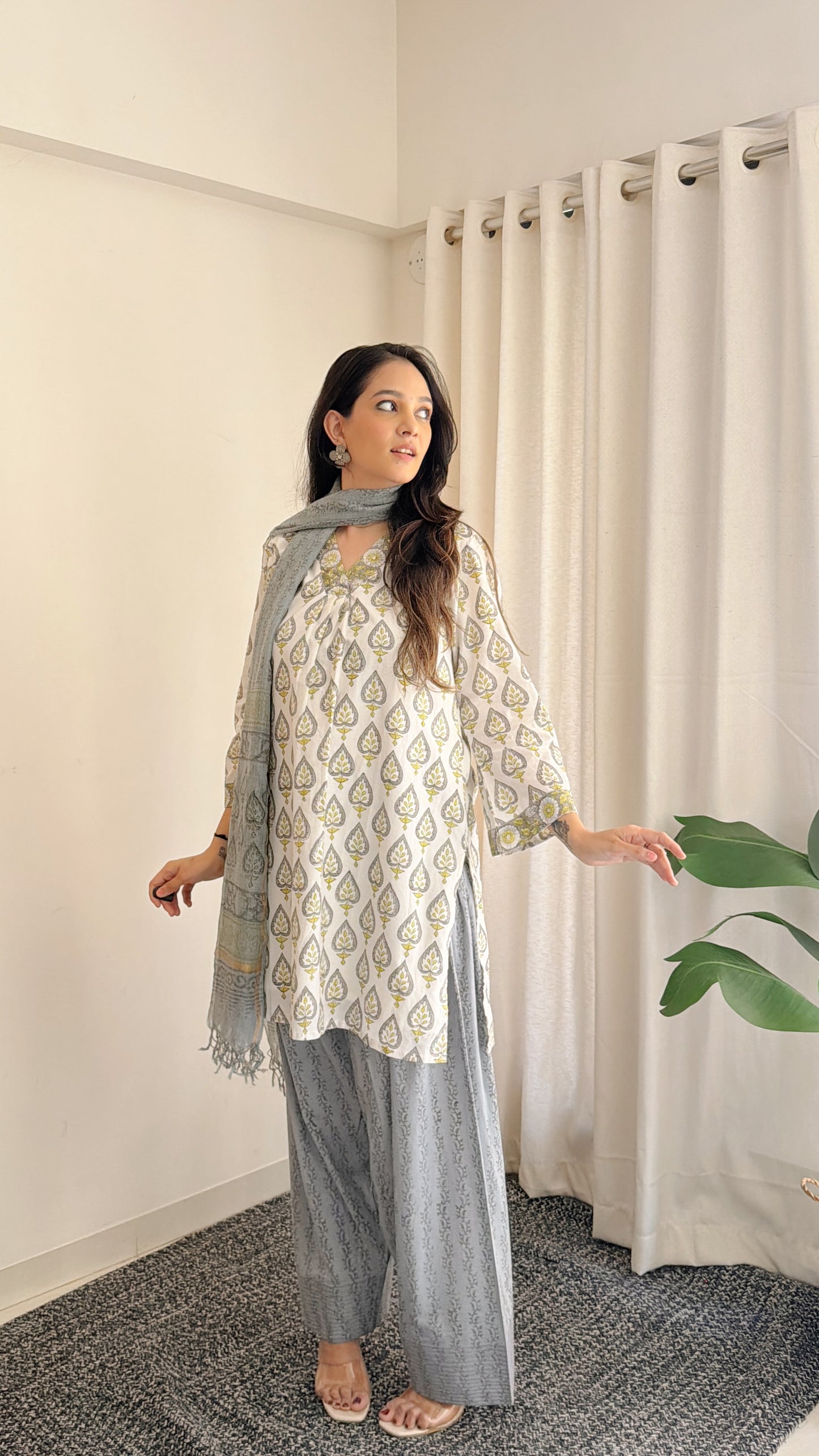 Grey Floral Cotton Suit Set with Farshi Salwar