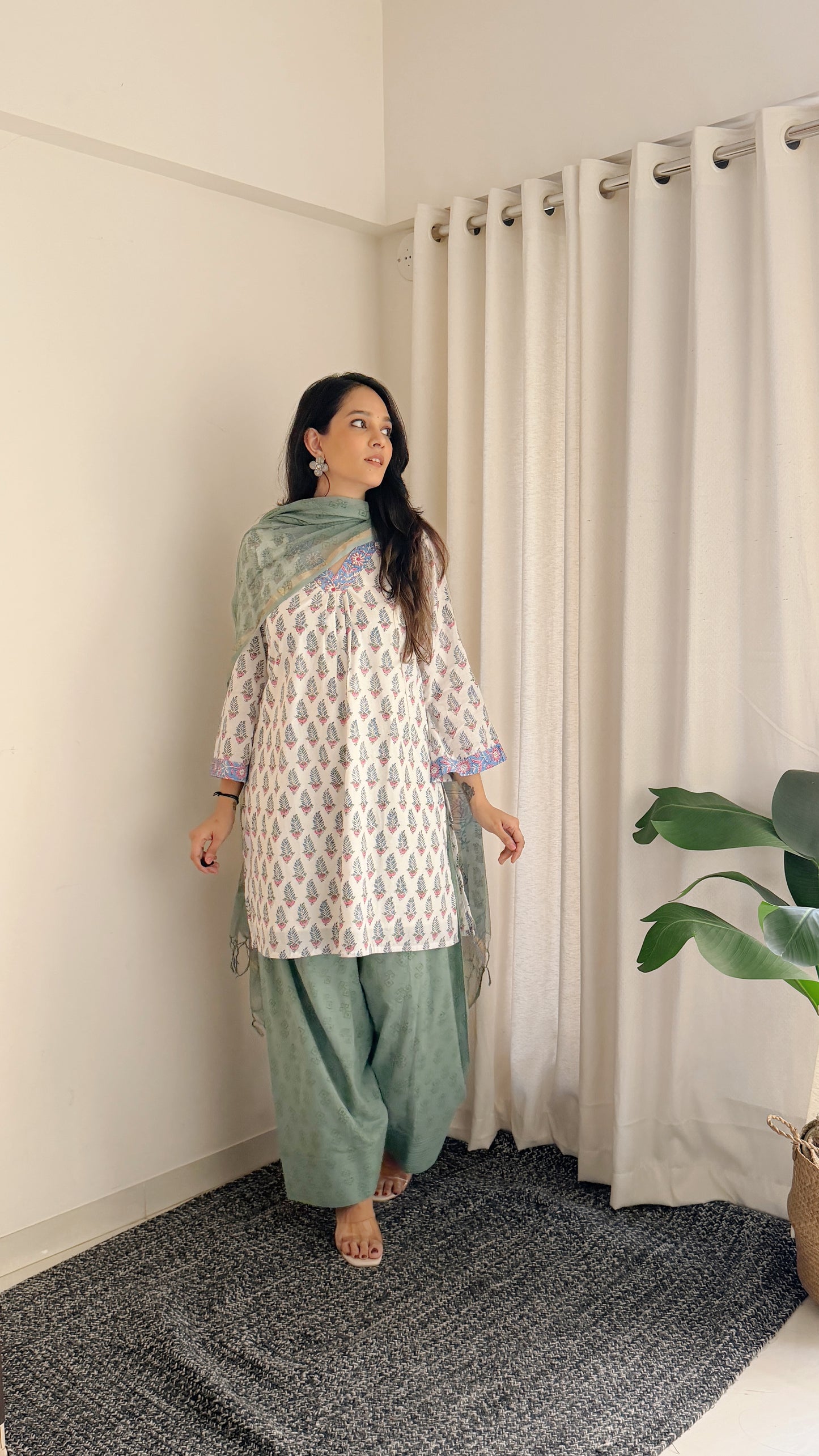 Sage Green Floral Cotton Suit Set with Farshi Salwar