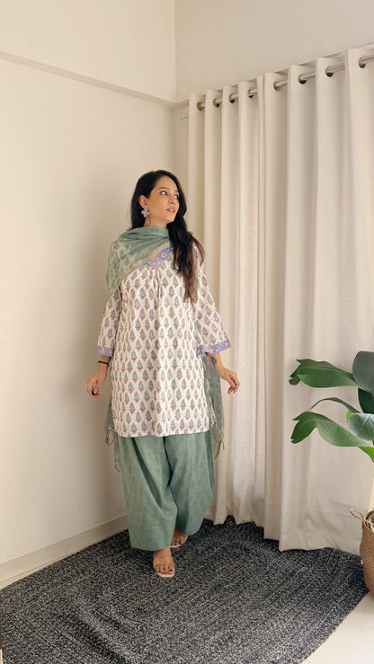 Sage Green Floral Cotton Suit Set with Farshi Salwar
