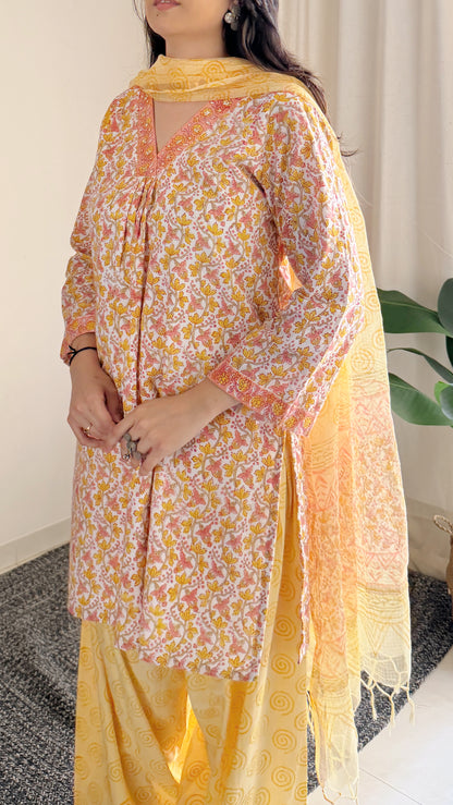 Sunshine Floral Cotton Suit Set with Farshi Salwar