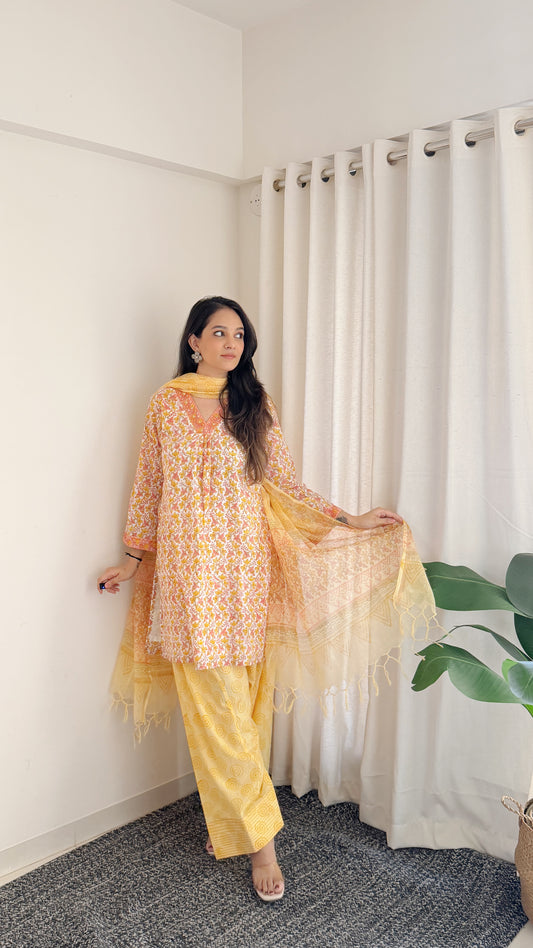 Sunshine Floral Cotton Suit Set with Farshi Salwar