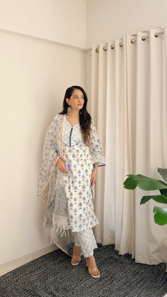 Blue Handblock Cotton Suit Set with Kota Doria Dupatta
