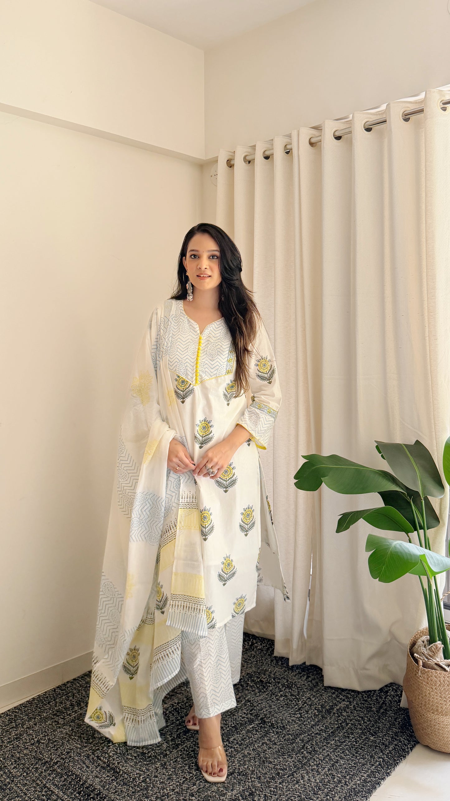 Sunflower Handblock Cotton Suit Set with Mul Cotton Dupatta