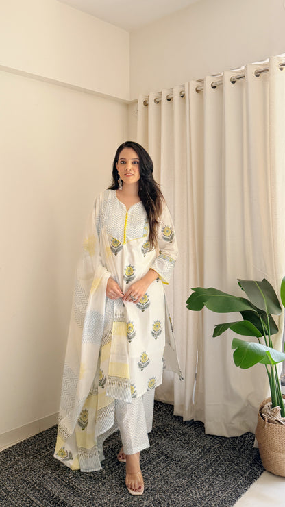 Sunflower Handblock Cotton Suit Set with Mul Cotton Dupatta