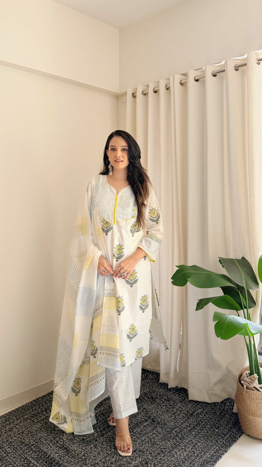 Sunflower Handblock Cotton Suit Set with Mul Cotton Dupatta