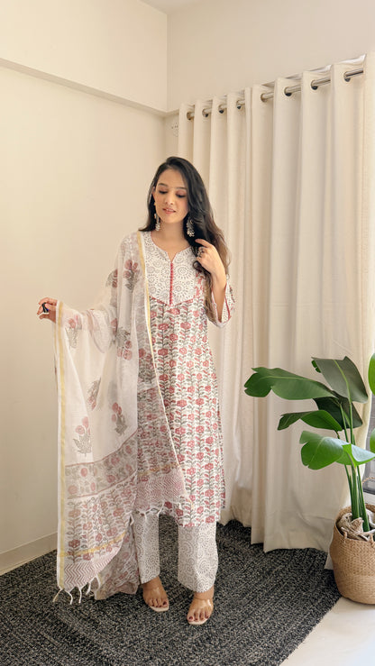 Ivory Bloom Handblock Cotton Suit Set with Kota Doria Dupatta
