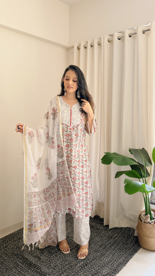 Ivory Bloom Handblock Cotton Suit Set with Kota Doria Dupatta