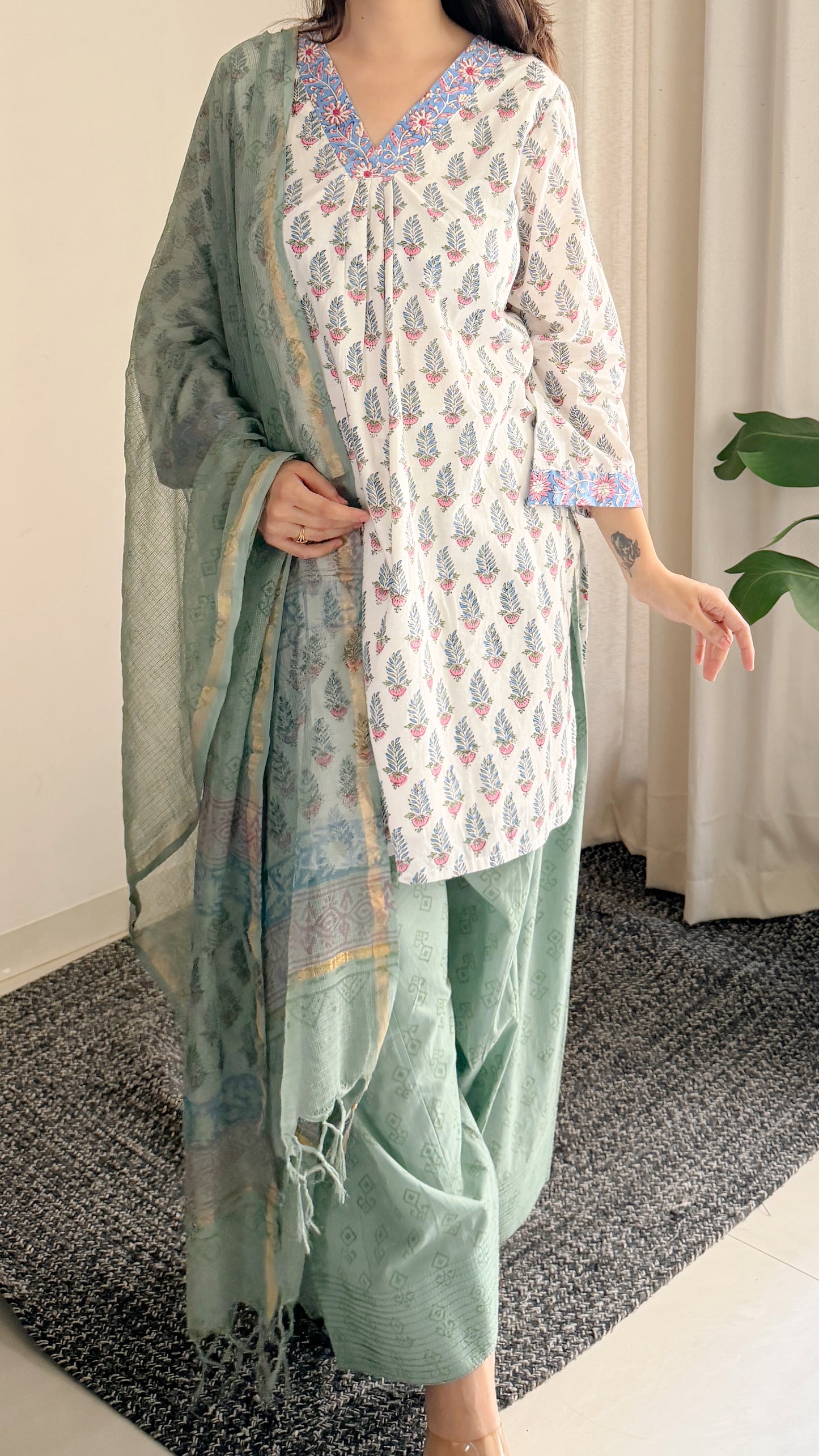 Sage Green Floral Cotton Suit Set with Farshi Salwar