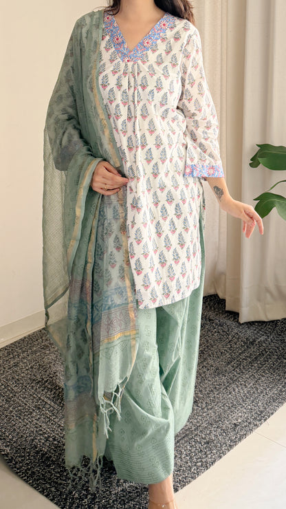 Sage Green Floral Cotton Suit Set with Farshi Salwar