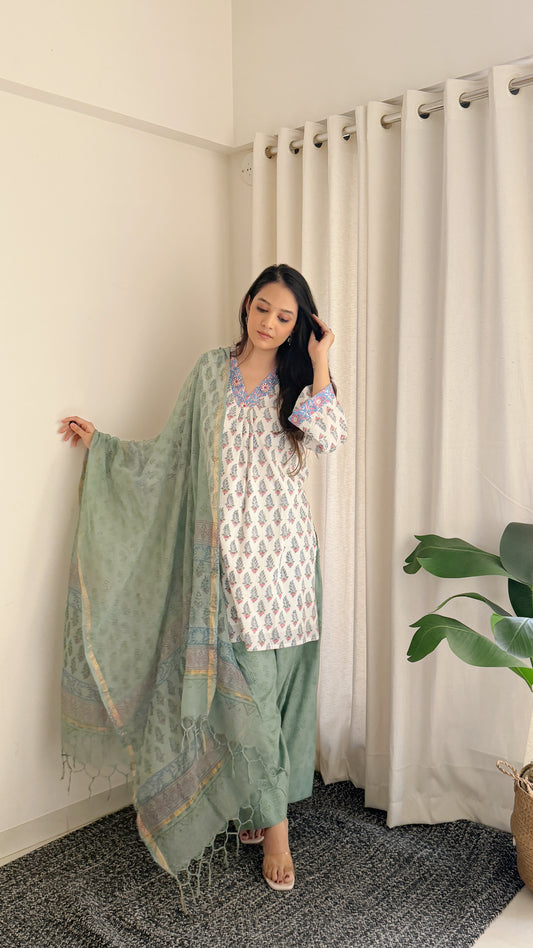 Sage Green Floral Cotton Suit Set with Farshi Salwar